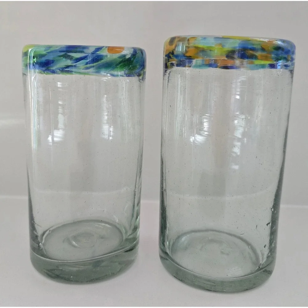 Mexican Hand Blown‎ Highball Glasses Confetti Swirl Rim Recycled Glass Set of 2